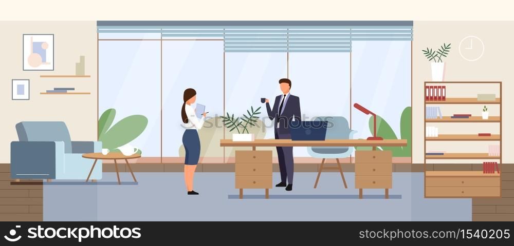 Business office flat color vector illustration. Corporate manager, company CEO cabinet 2D cartoon interior design with characters on background. Businessman with secretary, personal assistant. Business office flat color vector illustration