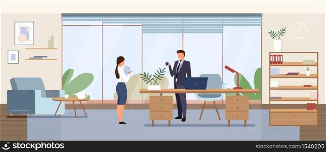 Business office flat color vector illustration. Corporate manager, company CEO cabinet 2D cartoon interior design with characters on background. Businessman with secretary, personal assistant. Business office flat color vector illustration