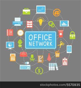 Business office networking and communication concept with stationery supplies vector illustration