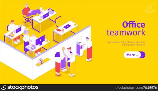 Business office people workplace horizontal isometric web banner with teamwork brainstorming coffee maker yellow background vector illustration