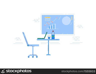 Business office semi flat RGB color vector illustration. Table with laptop and chart isolated cartoon objects on white background. Corporate employee workplace, professional analyst office. Business office semi flat RGB color vector illustration