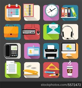 Business office stationery flat icons set of clock coffee briefcase and documents isolated vector illustration