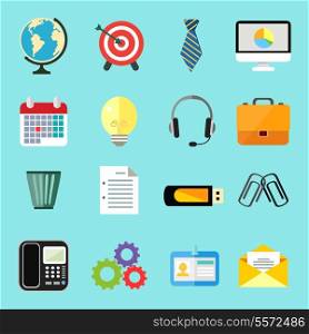 Business office stationery flat icons set of computer monitor phone and clock isolated vector illustration