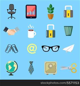 Business office stationery flat icons set of handshake globe flower and computer isolated vector illustration