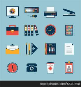 Business office stationery icons set of computer keyboard printer and phone isolated vector illustration