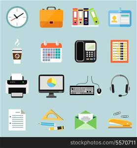 Business office stationery icons set of phone documents files and clock isolated vector illustration