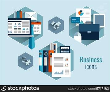 Business office stationery items and elements hexagon flat concepts icons set isolated vector illustration