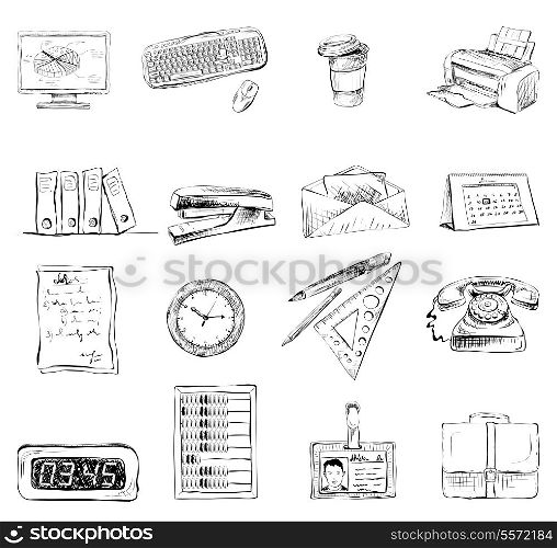 Business office stationery supplies icons set of computer keyboard printer and phone isolated sketch vector illustration