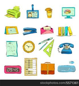 Business office stationery supplies icons set of telephone stapler ruler and pen isolated color sketch vector illustration