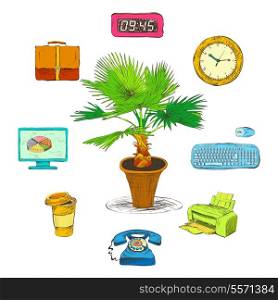 Business office stationery supplies icons set with decorative desktop dracaena palm isolated sketch vector illustration