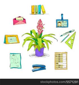 Business office stationery supplies icons set with decorative desktop flower plant isolated sketch vector illustration