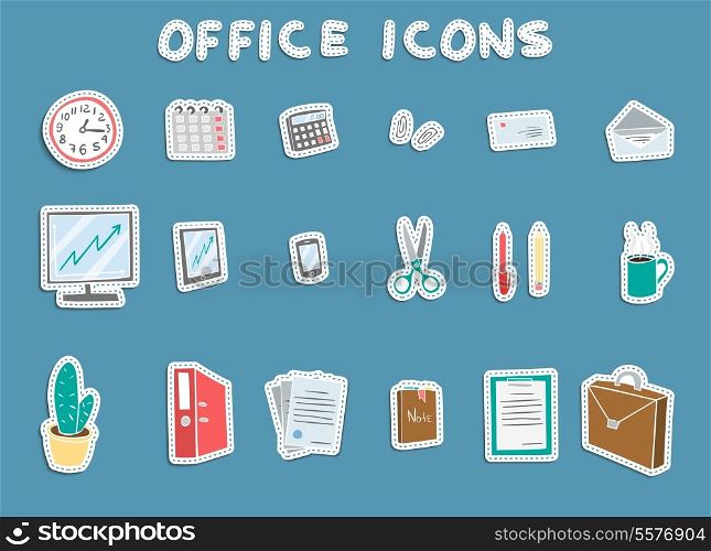 Business office stationery supplies sticker icons set of workplace items coffee documents and files isolated vector illustration