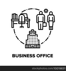Business Office Vector Icon Concept. Company Business Center Or Coworking Building, Workplace For Employees, Colleagues Working Place With Computer And Documentation Black Illustration. Business Office Vector Concept Black Illustration