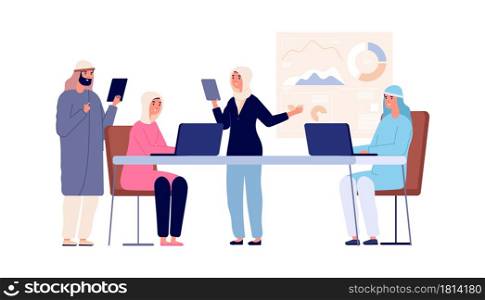 Business office workers. Arab managers, muslim islamic woman man on meeting. Teamwork or leadership vector concept. Illustration office arab worker, manager company businesswoman. Business office workers. Arab managers, muslim islamic woman man on meeting. Teamwork or leadership vector concept