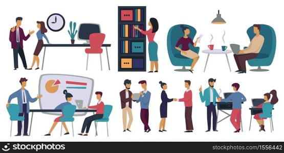 Business office workers meeting and coffee break vector graphics and cooperation work order and laptop workplace and book shelf cafeteria, men and women document and presentation table and armchairs. Office workers business meeting and coffee break isolated characters