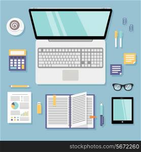 Business office workplace flat set with computer id card notebook isolated vector illustration