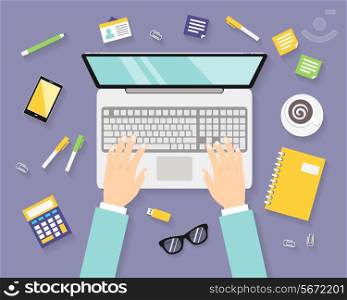 Business office workplace with notebook male hands top view vector illustration