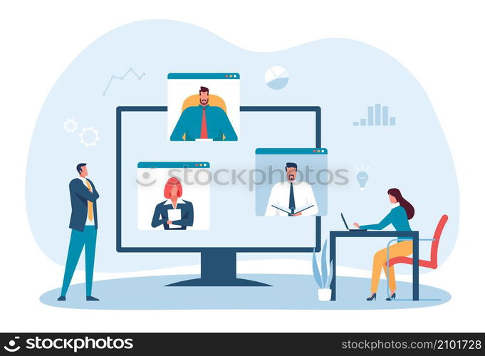 Business online meeting with big screen by video platform. Illustration of business online communication vector. Business online meeting with big screen by video platform