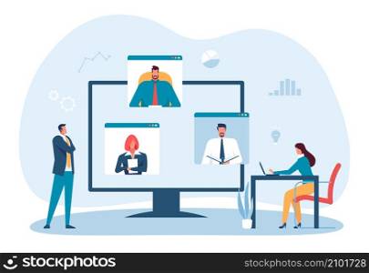 Business online meeting with big screen by video platform. Illustration of business online communication vector. Business online meeting with big screen by video platform