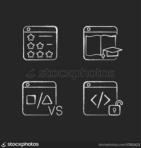 Business online presence chalk white icons set on dark background. Consumer review networks. E-learning site. Comparison platform. Open source code. Isolated vector chalkboard illustrations on black. Business online presence chalk white icons set on dark background
