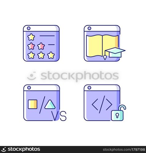 Business online presence RGB color icons set. Consumer review networks. E-learning site. Comparison platform. Open source code. Isolated vector illustrations. Simple filled line drawings collection. Business online presence RGB color icons set
