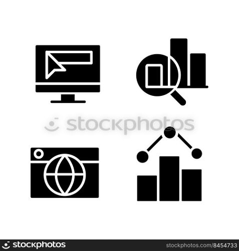 Business online technology black glyph icons set on white space. Promotion and analytics. Digital data safety. Silhouette symbols. Solid pictogram pack. Vector isolated illustration. Business online technology black glyph icons set on white space
