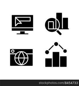 Business online technology black glyph icons set on white space. Promotion and analytics. Digital data safety. Silhouette symbols. Solid pictogram pack. Vector isolated illustration. Business online technology black glyph icons set on white space