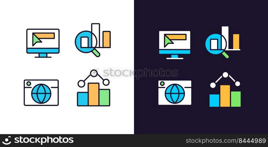 Business online technology pixel perfect light and dark theme color icons set. Promotion and analytics. Digital data. Simple filled line drawings. Bright cliparts on white and black. Editable stroke. Business online technology pixel perfect light and dark theme color icons set