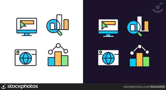 Business online technology pixel perfect light and dark theme color icons set. Promotion and analytics. Digital data. Simple filled line drawings. Bright cliparts on white and black. Editable stroke. Business online technology pixel perfect light and dark theme color icons set