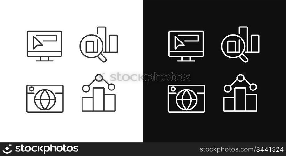 Business online technology pixel perfect linear icons set for dark, light mode. Promotion and analytics. Digital data. Thin line symbols for night, day theme. Isolated illustrations. Editable stroke. Business online technology pixel perfect linear icons set for dark, light mode