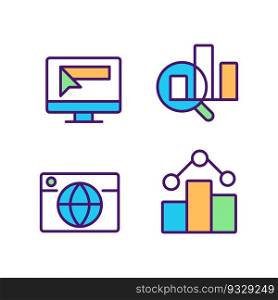 Business online technology pixel perfect RGB color icons set. Promotion and analytics. Digital data. Isolated vector illustrations. Simple filled line drawings collection. Editable stroke. Business online technology pixel perfect RGB color icons set
