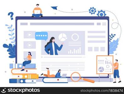 Business Online Training, Seminar or Courses Background Vector Illustration. Mentor Doing Presentation About Marketing, Sales, Report, E-commerce. For Banner and Landing Page