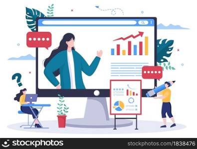 Business Online Training, Seminar or Courses Background Vector Illustration. Mentor Doing Presentation About Marketing, Sales, Report, E-commerce. For Banner and Landing Page