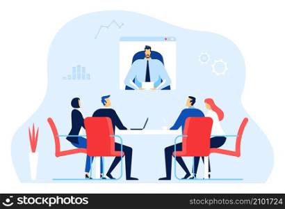 Business online video conference meeting with team. Communication conference online, screen video technology for business, vector illustration. Business online video conference meeting with team