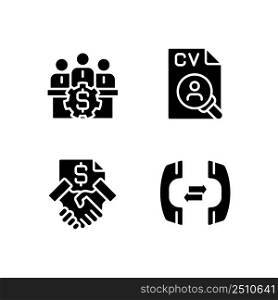 Business operations black glyph icons set on white space. Board of directors. Staffing process. Handshake. Phone communication. Silhouette symbols. Solid pictogram pack. Vector isolated illustration. Business operations black glyph icons set on white space