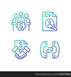 Business operations gradient linear vector icons set. Board of directors. Staffing process. Phone communication. Thin line contour symbol designs bundle. Isolated outline illustrations collection. Business operations gradient linear vector icons set