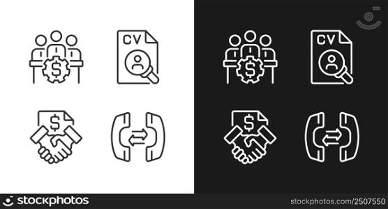 Business operations pixel perfect linear icons set for dark, light mode. Thin line symbols for night, day theme. Isolated illustrations. Editable stroke. Montserrat Bold, Light fonts used. Business operations pixel perfect linear icons set for dark, light mode