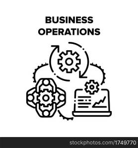Business Operations Process Vector Icon Concept. Brainstorming And Meeting Colleagues Or Partners, Project Planning And Realization Business Operations. Managing And Analyzing Black Illustration. Business Operations Process Vector Black Illustrations