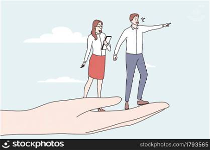 Business opportunities, development, career concept. Young man and woman business people standing at human hand looking forward achieving goal vector illustration . Business opportunities, development, career concept