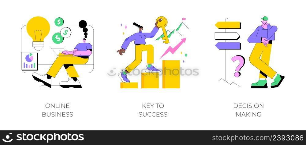 Business opportunity abstract concept vector illustration set. Online business, key to success, decision making, problem solving, leadership, startup teamwork, collaboration abstract metaphor.. Business opportunity abstract concept vector illustrations.