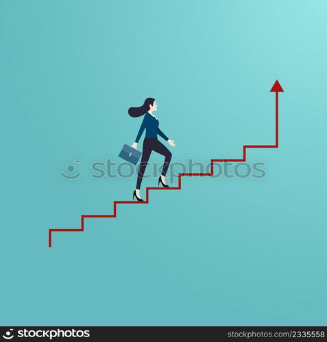 Business opportunity and leader woman concept, businesswoman walking arrow stair to successful career, Symbol of success, goal, achievement, challenges. vector illustration flat