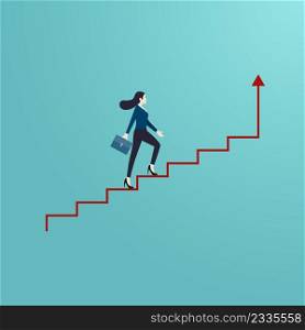 Business opportunity and leader woman concept, businesswoman walking arrow stair to successful career, Symbol of success, goal, achievement, challenges. vector illustration flat