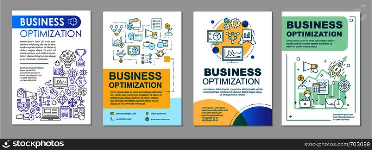 Business optimization brochure template layout. Marketing strategy. Flyer, booklet, leaflet print design with linear icons. Startup. Vector layouts for magazines, annual reports, advertising posters. Business optimization brochure template layout
