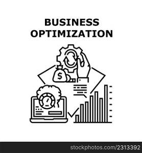 Business Optimization Vector Icon Concept. Brainstorming And Planning Strategy For Business Optimization And Increasing Money Wealth. Analyzing Financial Infographic Black Illustration. Business Optimization Vector Black Illustration
