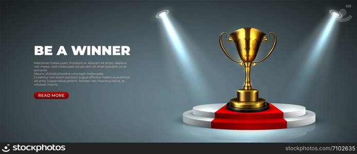 Business or sport award on Illuminated podium. Cup prize trophy on round stages with red carpet winner for victory. Vector illustration lighting scene on gray background. Business or sport award on Illuminated podium. Cup prize trophy on round stages with red carpet winner for victory. Vector illustration