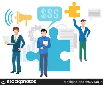 Business organization of working space vector, puzzle and finance icons. Jigsaw pieces and megaphone bullhorn, dollar currency signs symbols flat style. People Working on Projects Puzzle and Finance