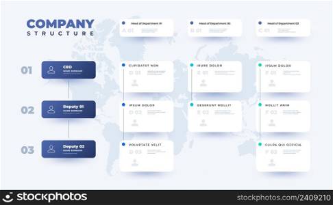 Business organization table. Company structure infographic template with corporate hierarchy elements. Vector illustration. CEO, head department, and deputy boxes with place for photo. Business organization table. Company structure infographic template with corporate hierarchy elements. Vector illustration