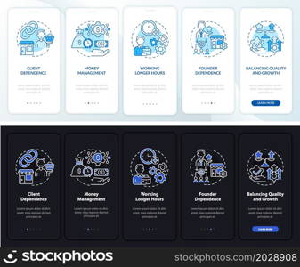 Business organizing tips onboarding mobile app page screen. Project walkthrough 5 steps graphic instructions with concepts. UI, UX, GUI vector template with linear night and day mode illustrations. Business organizing tips onboarding mobile app page screen