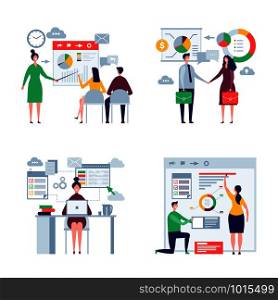 Business oversize peoples. Male and female office managers directors workers business team vector flat characters. Illustration of businessman and employee presentation chart and graphic. Business oversize peoples. Male and female office managers directors workers business team vector flat characters