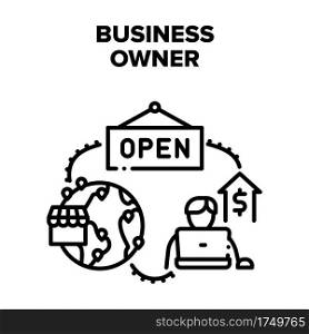 Business Owner Vector Icon Concept. Business Owner Working On Laptop For Increasing Profit And Opening Branches Company Or Store Buildings In World. Entrepreneur Occupation Black Illustration. Business Owner Vector Black Illustrations